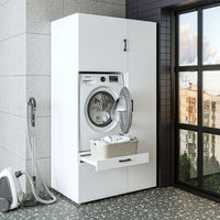 Roomart Waschmaschinenschrank mit Ausziehbrett, 112 cm breit - SERIE 2  – Waschmaschinenüberbau für Waschmaschine & Trockner, Waschturm-Schrank mit Stauraum für Bad & Waschküche