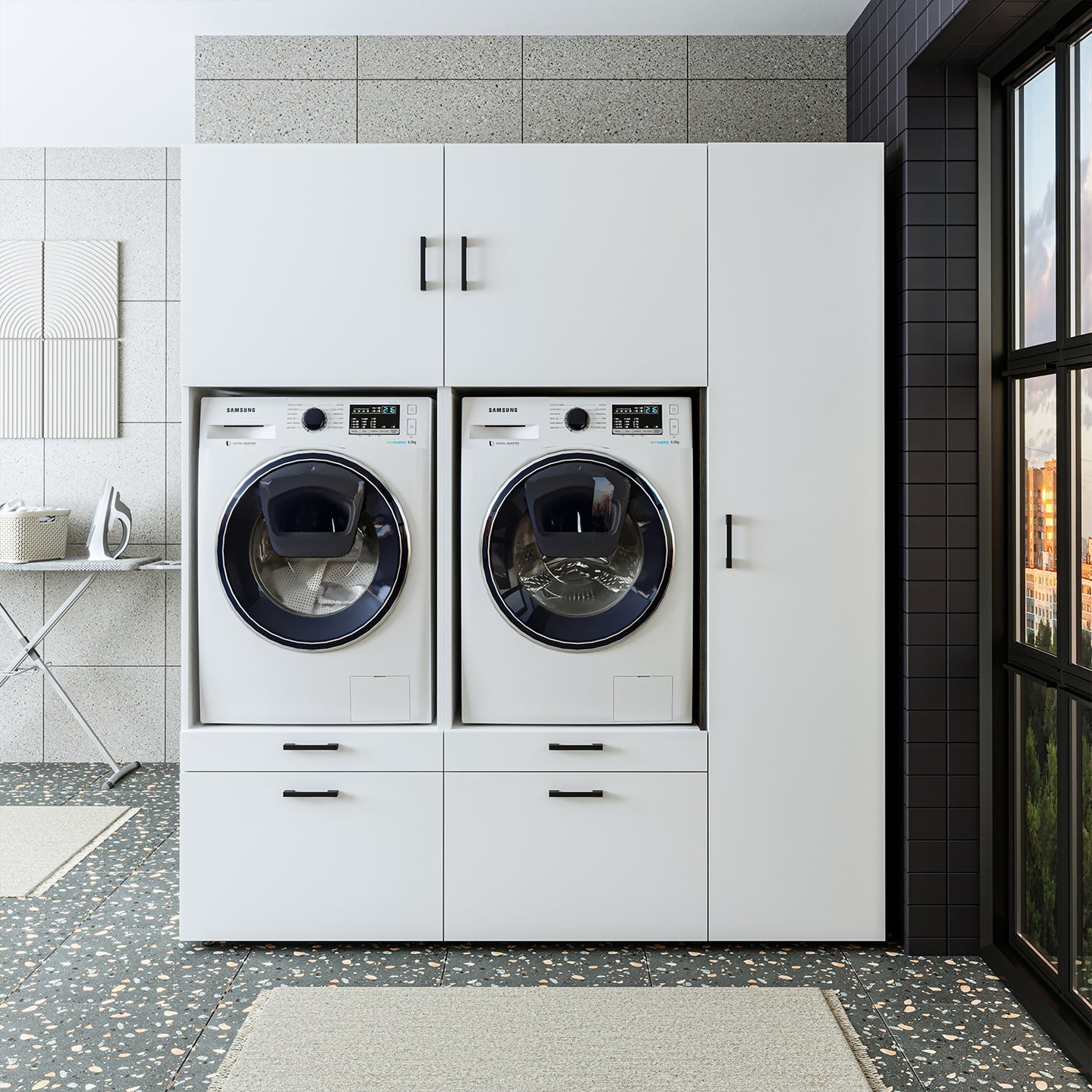 Roomart Überbauschrak für Waschküche & Hauswirtschaftsraum, in 3 Farben, Mit Schubladen und Ausziehbrett , 179 cm breit