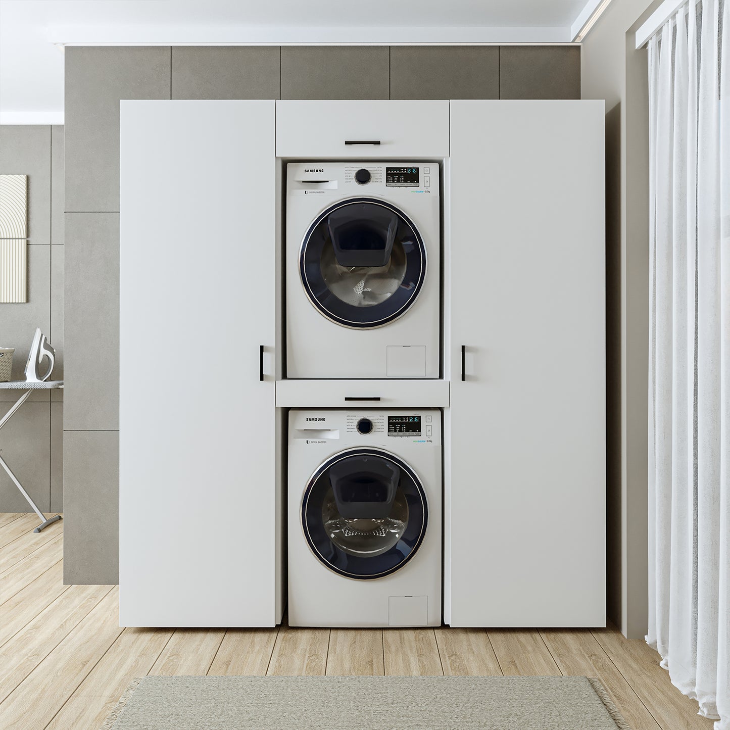 Roomart Schrankwand Trockner auf Waschmaschine • 187 cm breit • Weiß, Schwarz Eiche Waschmaschinenschrank