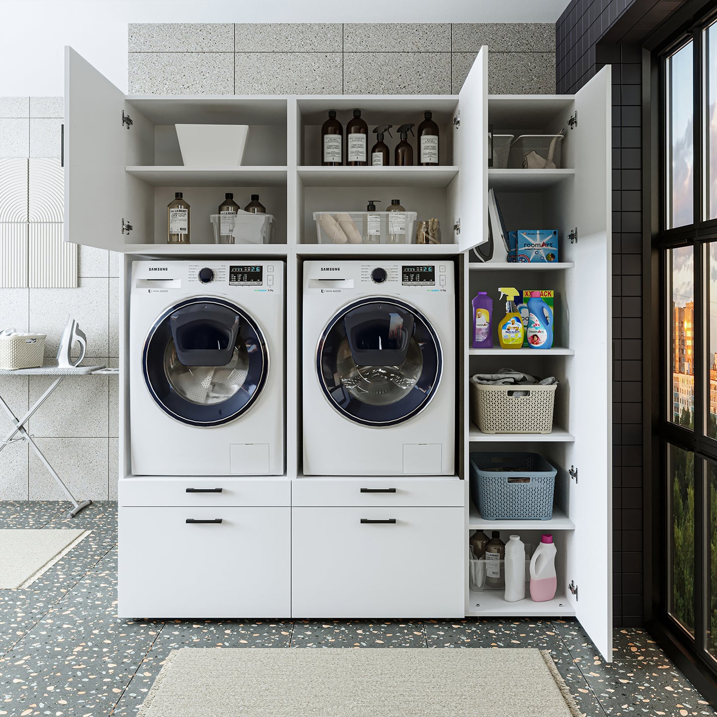 Roomart Waschmaschinenschrank SERIE 2 – Überbauschrank mit Schublade, Überbauschrank für Waschküche & Hauswirtschaftsraum – mit Ausziehbrett & Schublade – in 3 Farben