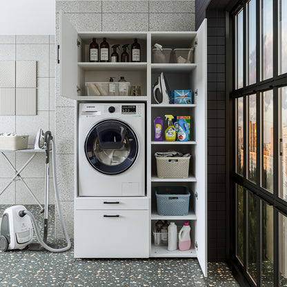 Roomart Waschmaschinenschrank SERIE 2 – Überbauschrank mit Schublade, Überbauschrank für Waschküche & Hauswirtschaftsraum – mit Ausziehbrett & Schublade – in 3 Farben