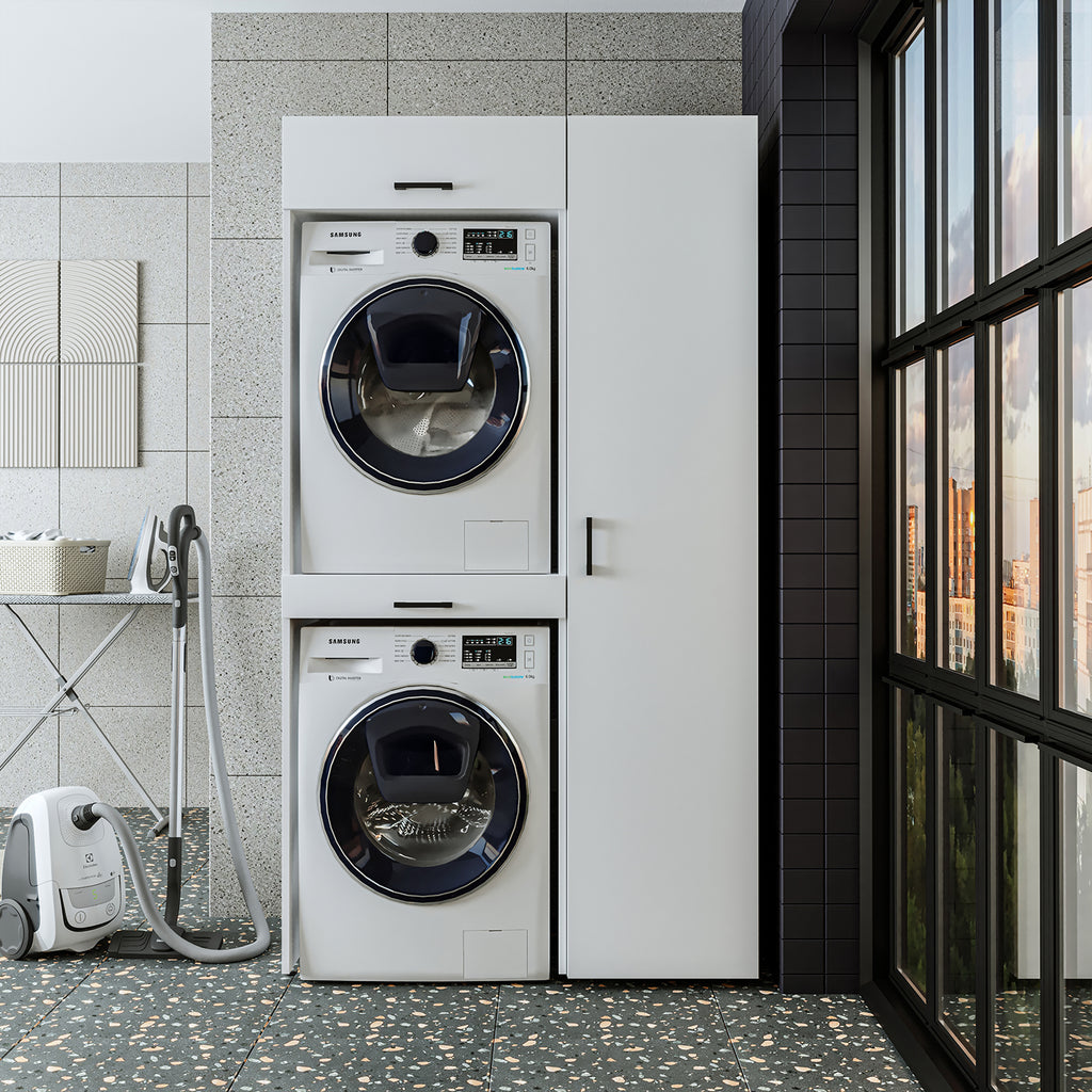 Roomart Waschmaschinenschrank, Trockner auf Waschmaschine • 112 cm breit • In 3 Farben - waschmaschinenschrank, waschmaschinenregal, waschturm, schrank, weiß, waschmaschinen, unterschrank, waschmaschine, trockner, haushaltsschrank, schränke, badschrank, h