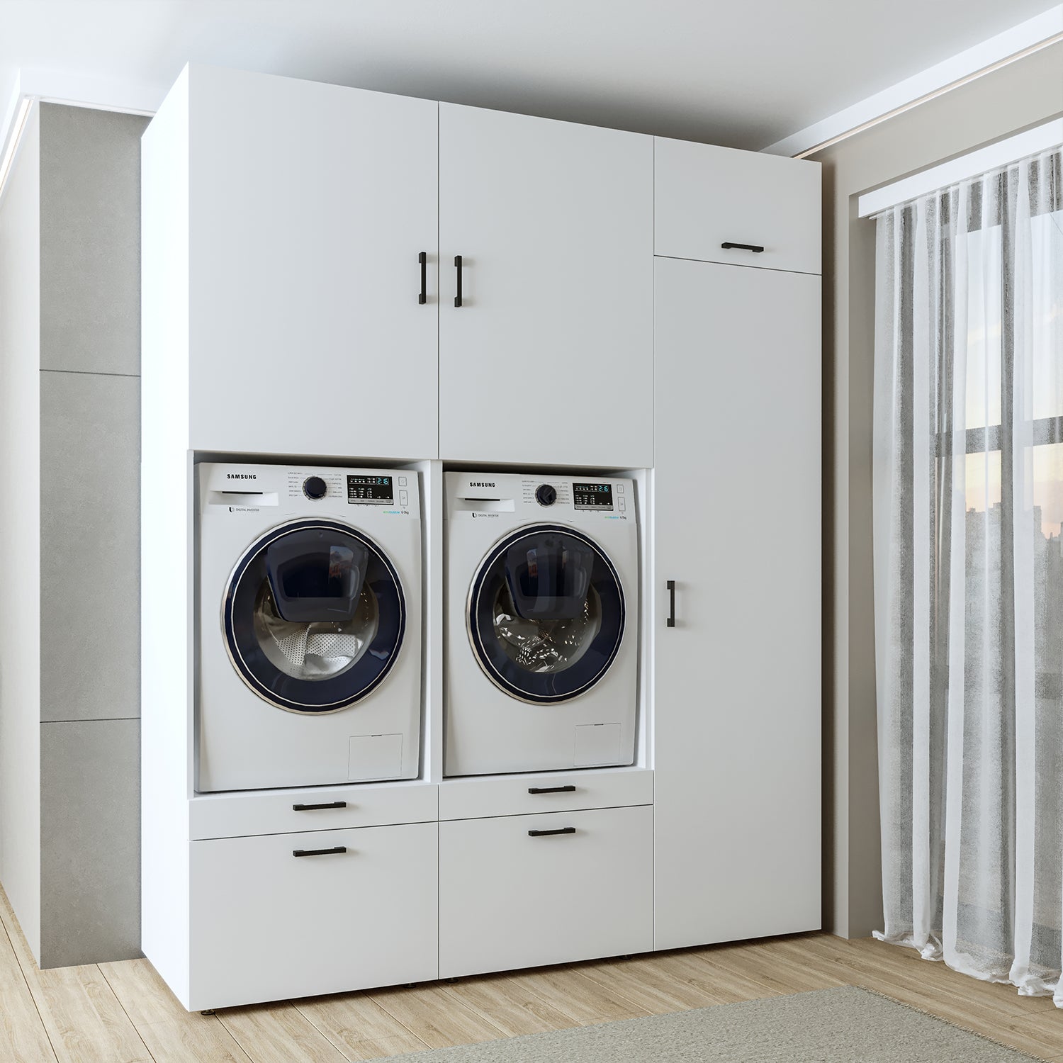 Roomart Schrankwand für Waschküche & Hauswirtschaftsraum, in 3 Farben, Mit  Schubladen und Ausziehbrett • Weiß • Schwarz eiche