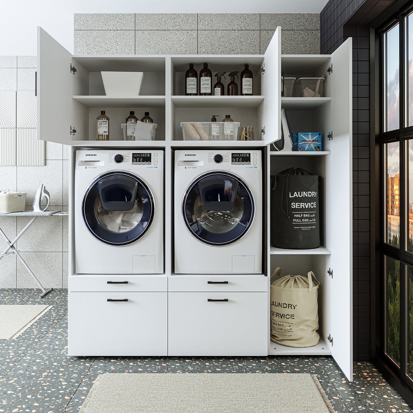 Roomart Waschmaschinenschrank SERIE 2 – Überbauschrank mit Schublade, Überbauschrank für Waschküche & Hauswirtschaftsraum – mit Ausziehbrett & Schublade – in 3 Farben