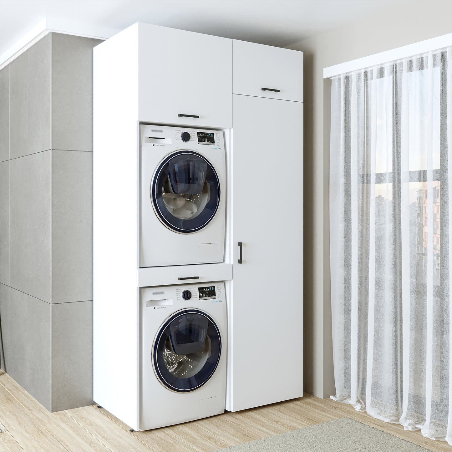 Roomart DUO-I Waschmaschinenschrank 127 cm – Waschmaschine & Trockner übereinander, Hochschrank