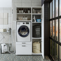 Roomart Waschmaschinenschrank mit Ausziehbrett, 112 cm breit - SERIE 2  – Waschmaschinenüberbau für Waschmaschine & Trockner, Waschturm-Schrank mit Stauraum für Bad & Waschküche