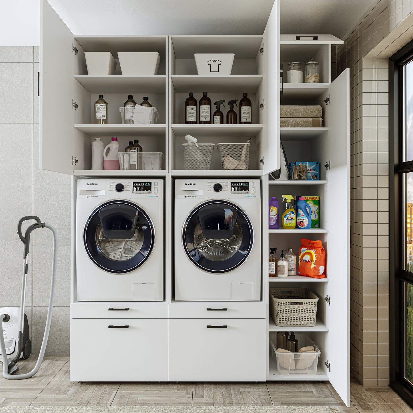 Roomart Waschmaschinenschrank Doppelschrank – SERIE 2 – Überbauschrank für Waschküche & Hauswirtschaftsraum – mit Ausziehbrett & Schubladen – in 3 Farben