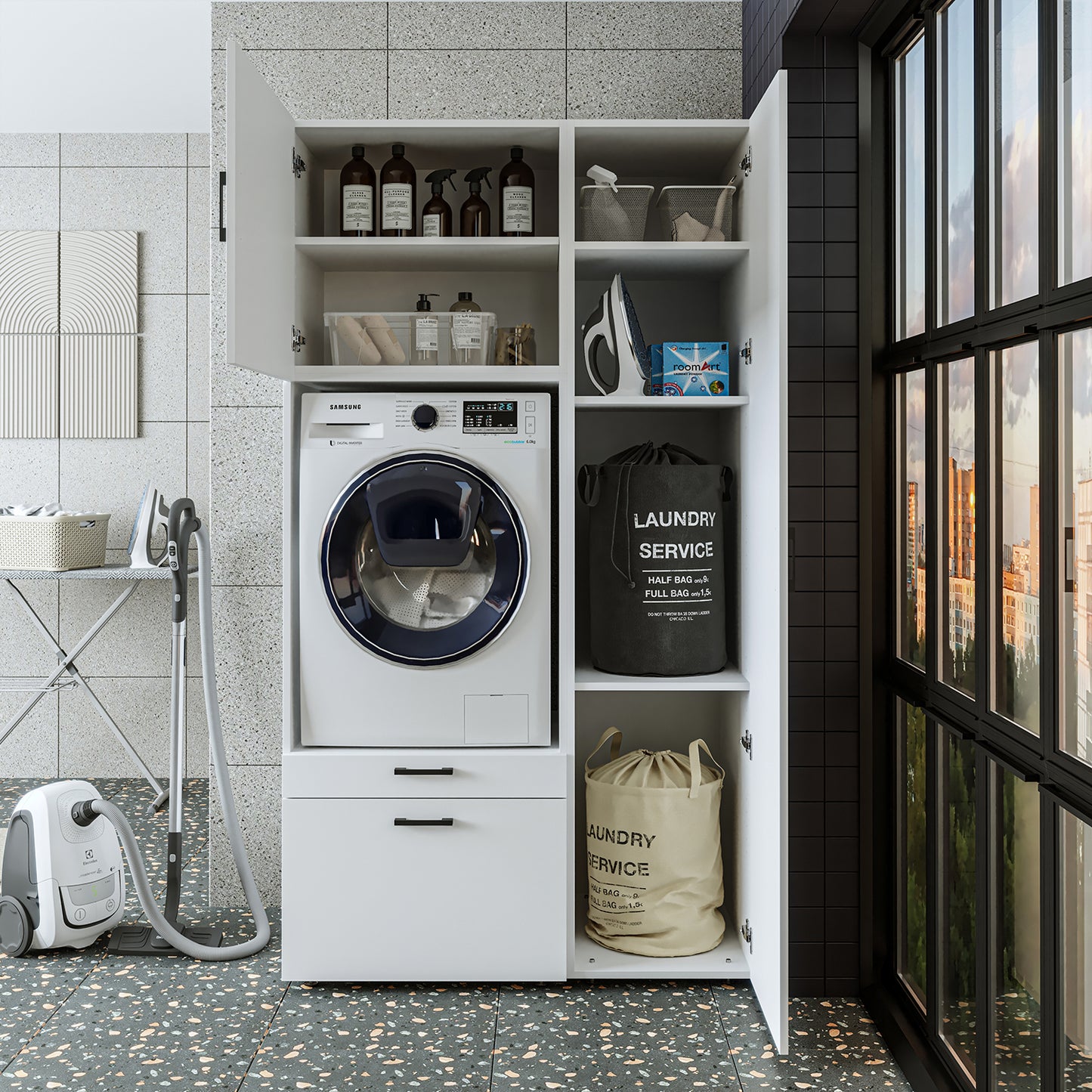 Roomart Waschmaschinenschrank SERIE 2 – Überbauschrank mit Schublade, Überbauschrank für Waschküche & Hauswirtschaftsraum – mit Ausziehbrett & Schublade – in 3 Farben