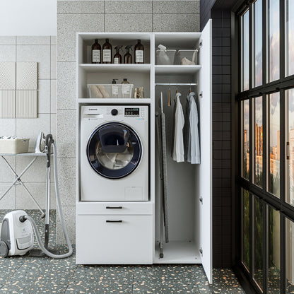 Roomart Waschmaschinenschrank mit Ausziehbrett, 112 cm breit - SERIE 2  – Waschmaschinenüberbau für Waschmaschine & Trockner, Waschturm-Schrank mit Stauraum für Bad & Waschküche