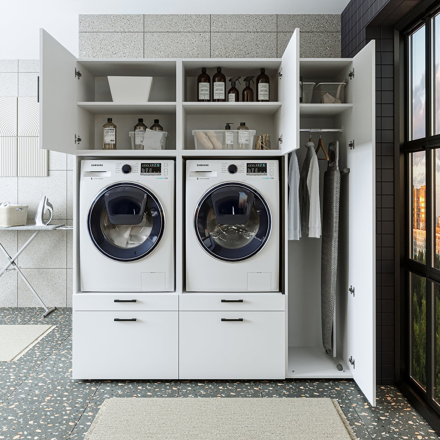 Roomart Waschmaschinenschrank SERIE 2 – Überbauschrank mit Schublade, Überbauschrank für Waschküche & Hauswirtschaftsraum – mit Ausziehbrett & Schublade – in 3 Farben