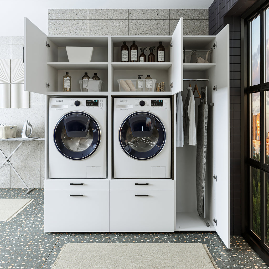 Roomart Waschmaschinenschrank SERIE 2 – Überbauschrank mit Schublade, Überbauschrank für Waschküche & Hauswirtschaftsraum – mit Ausziehbrett & Schublade – in 3 Farben