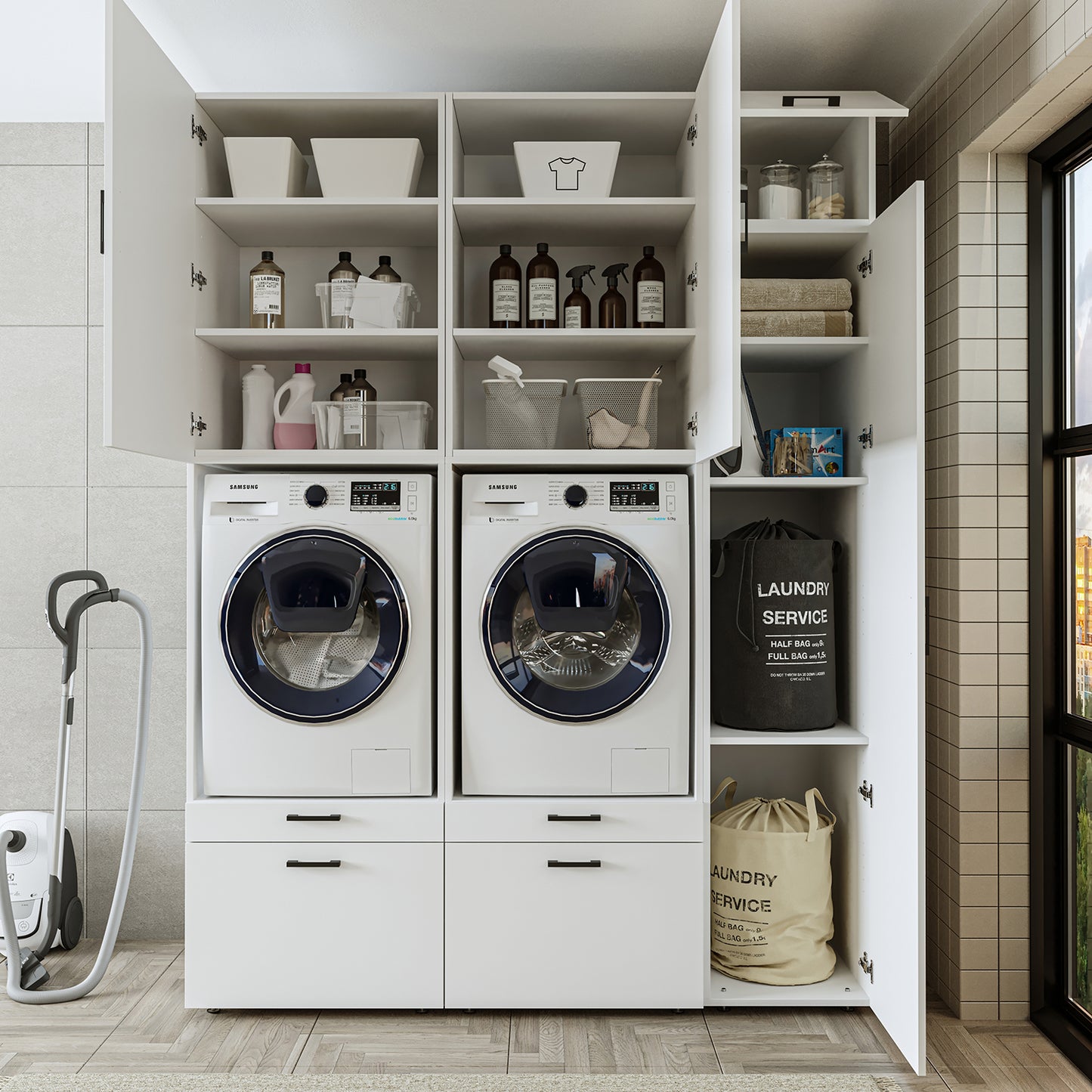 Roomart Waschmaschinenschrank Doppelschrank – SERIE 2 – Überbauschrank für Waschküche & Hauswirtschaftsraum – mit Ausziehbrett & Schubladen – in 3 Farben