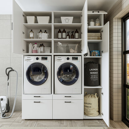 Roomart Waschmaschinenschrank Doppelschrank – SERIE 2 – Überbauschrank für Waschküche & Hauswirtschaftsraum – mit Ausziehbrett & Schubladen – in 3 Farben