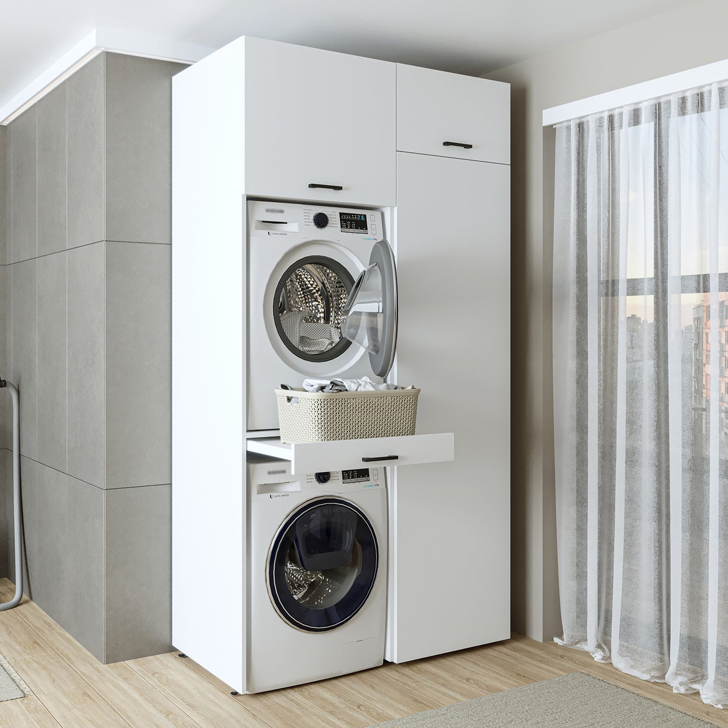 Roomart DUO-I Waschmaschinenschrank 127 cm – Waschmaschine & Trockner übereinander, Hochschrank