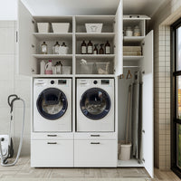 Roomart Waschmaschinenschrank Doppelschrank – SERIE 2 – Überbauschrank für Waschküche & Hauswirtschaftsraum – mit Ausziehbrett & Schubladen – in 3 Farben