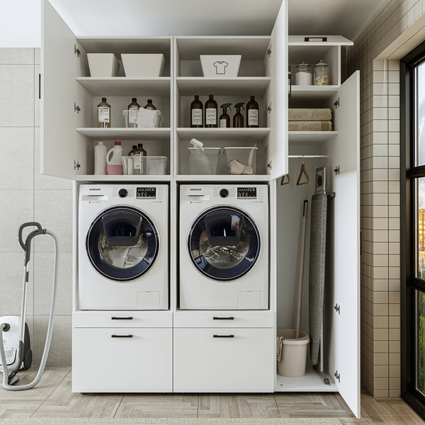 Roomart Waschmaschinenschrank Doppelschrank – SERIE 2 – Überbauschrank für Waschküche & Hauswirtschaftsraum – mit Ausziehbrett & Schubladen – in 3 Farben