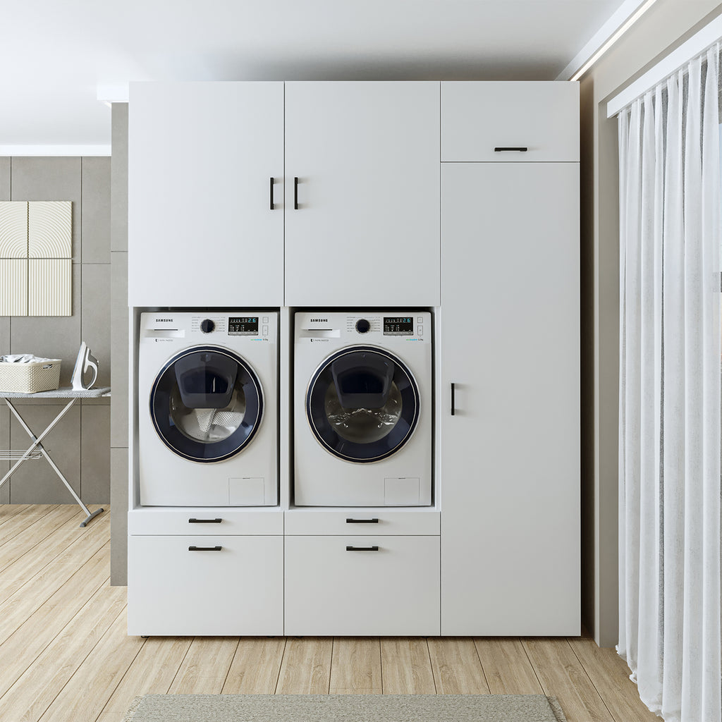 Roomart Waschmaschinenschrank Doppelschrank – SERIE 2 – Überbauschrank für Waschküche & Hauswirtschaftsraum – mit Ausziehbrett & Schubladen – in 3 Farben