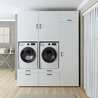 Roomart Waschmaschinenschrank Doppelschrank – SERIE 2 – Überbauschrank für Waschküche & Hauswirtschaftsraum – mit Ausziehbrett & Schubladen – in 3 Farben