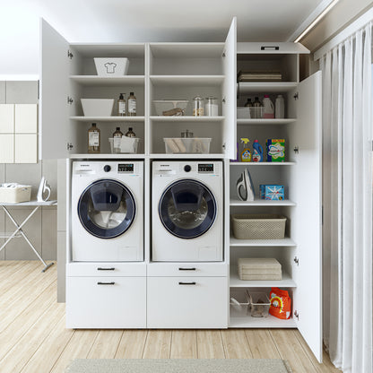 Roomart Waschmaschinenschrank Doppelschrank – SERIE 2 – Überbauschrank für Waschküche & Hauswirtschaftsraum – mit Ausziehbrett & Schubladen – in 3 Farben