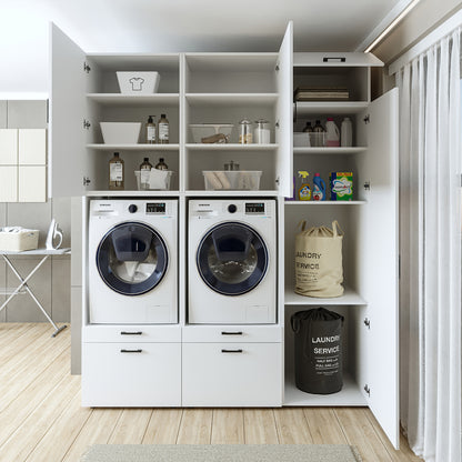 Roomart Waschmaschinenschrank Doppelschrank – SERIE 2 – Überbauschrank für Waschküche & Hauswirtschaftsraum – mit Ausziehbrett & Schubladen – in 3 Farben