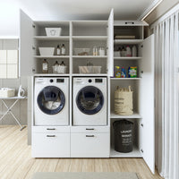 Roomart Waschmaschinenschrank Doppelschrank – SERIE 2 – Überbauschrank für Waschküche & Hauswirtschaftsraum – mit Ausziehbrett & Schubladen – in 3 Farben