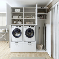 Roomart Waschmaschinenschrank Doppelschrank – SERIE 2 – Überbauschrank für Waschküche & Hauswirtschaftsraum – mit Ausziehbrett & Schubladen – in 3 Farben