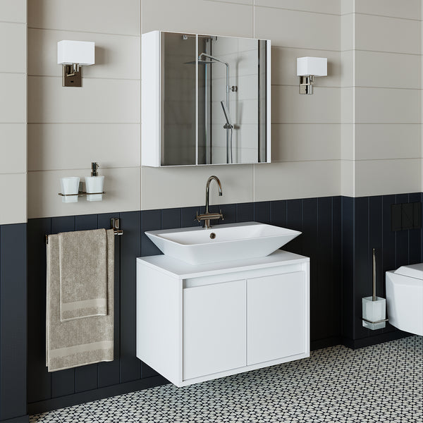 Roomart Badmöbel Set ATLANTIC – 3-teilig – 65 cm Waschbeckenunterschrank mit Keramikwaschbecken & Spiegelschrank | Badezimmermöbel