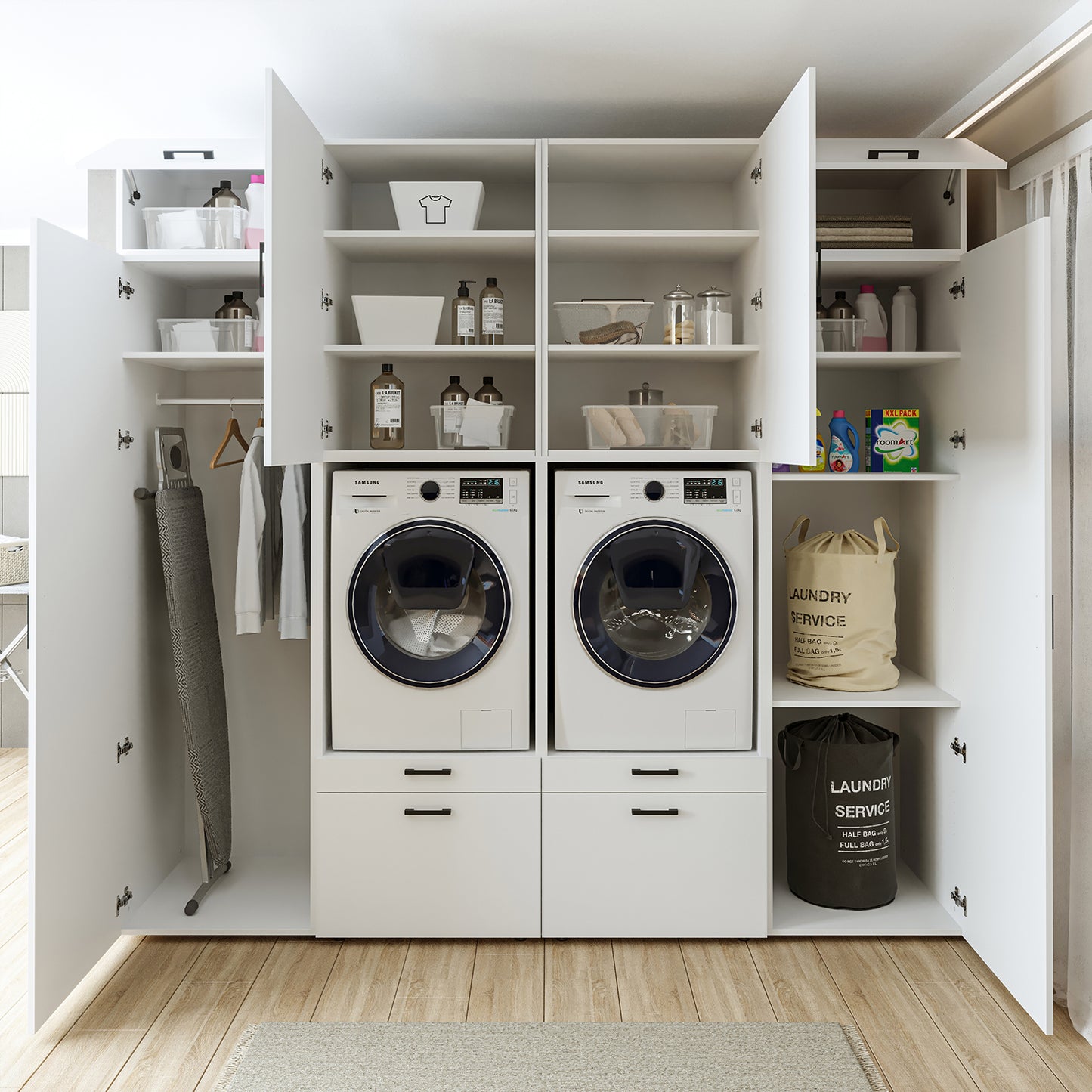 Roomart Waschmaschinenschrank SERIE 2 – Doppelschrank mit Seitenschränken, 3 Farben