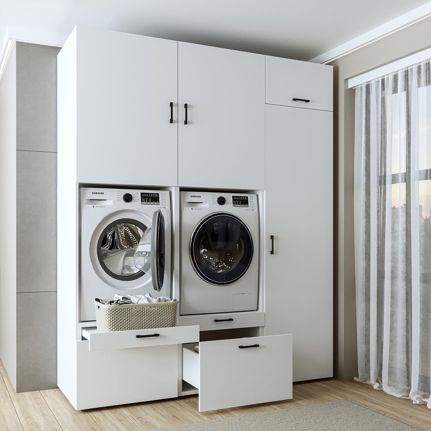 Roomart Waschmaschinenschrank Doppelschrank – SERIE 2 – Überbauschrank für Waschküche & Hauswirtschaftsraum – mit Ausziehbrett & Schubladen – in 3 Farben