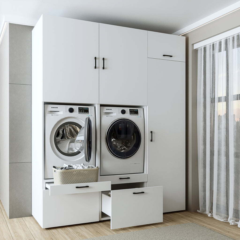 Roomart Waschmaschinenschrank Doppelschrank – SERIE 2 – Überbauschrank für Waschküche & Hauswirtschaftsraum – mit Ausziehbrett & Schubladen – in 3 Farben