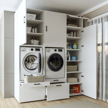 Roomart Waschmaschinenschrank Doppelschrank – SERIE 2 – Überbauschrank für Waschküche & Hauswirtschaftsraum – mit Ausziehbrett & Schubladen – in 3 Farben