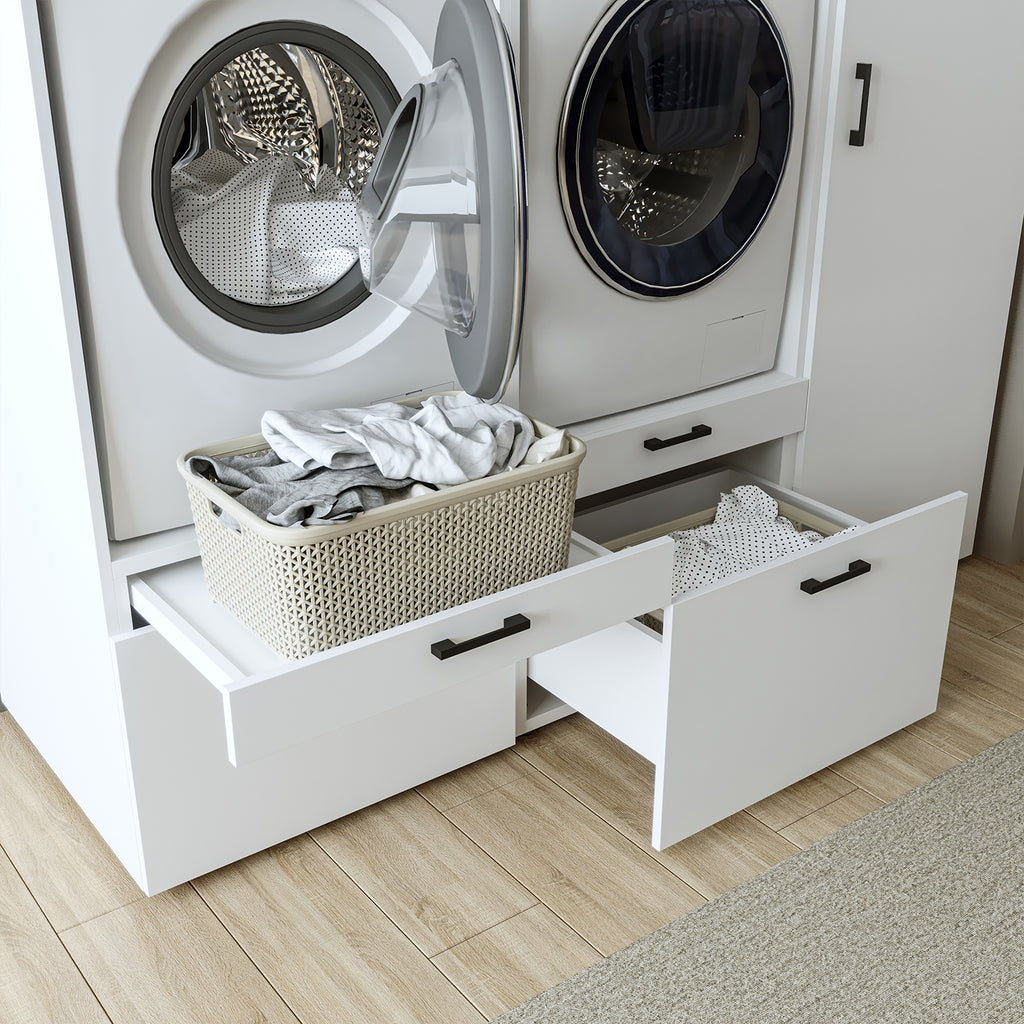 Roomart Waschmaschinenschrank Doppelschrank – SERIE 2 – Überbauschrank für Waschküche & Hauswirtschaftsraum – mit Ausziehbrett & Schubladen – in 3 Farben