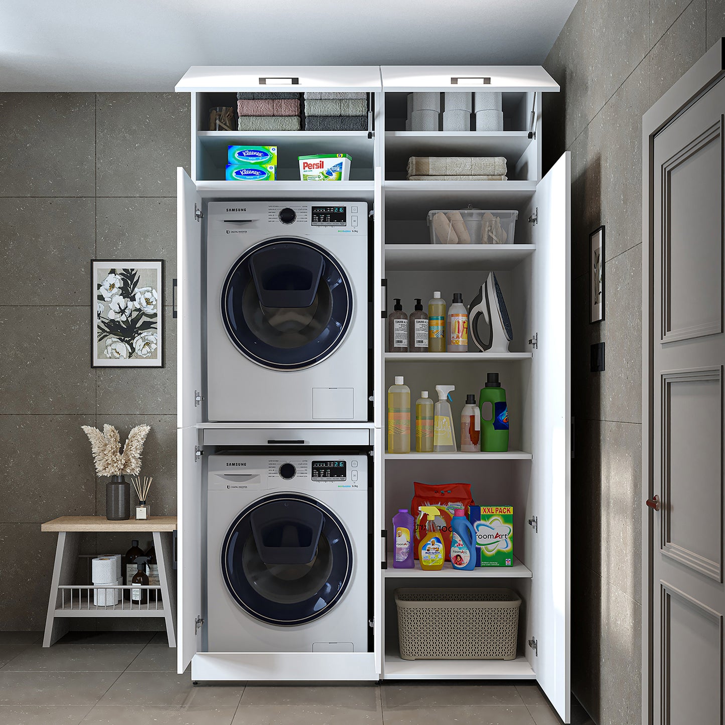 Roomart Waschmaschinenschrank " DORA SET" für Trockner & Waschmaschine, 130 cm breit,  in 4 Farben, mit Türen & Ausziehbrett • Weiß • Weiß Eiche • Anthrazit Eiche • Eiche