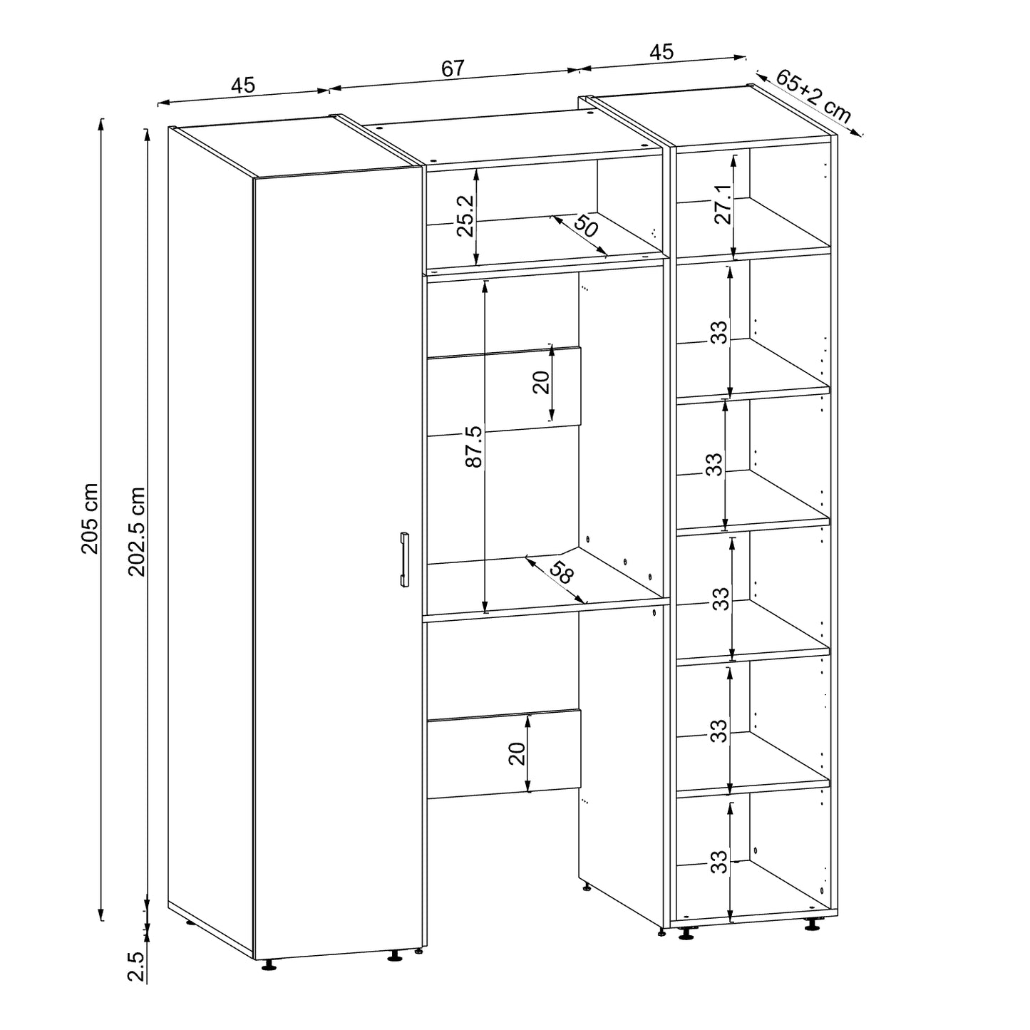 Roomart DUO-I Schrankwand 157 cm – Waschmaschine & Trockner übereinander, Hochschrank | in 2 Farben