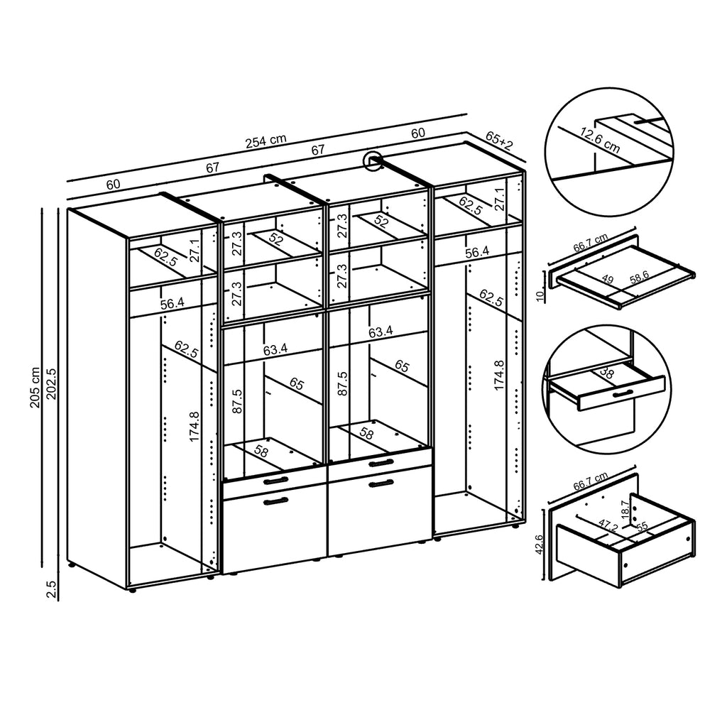 Roomart Waschmaschinenschrank SERIE-III Schrankwand 254 cm – 2 Geräte, Soft-Close | 3 Farben