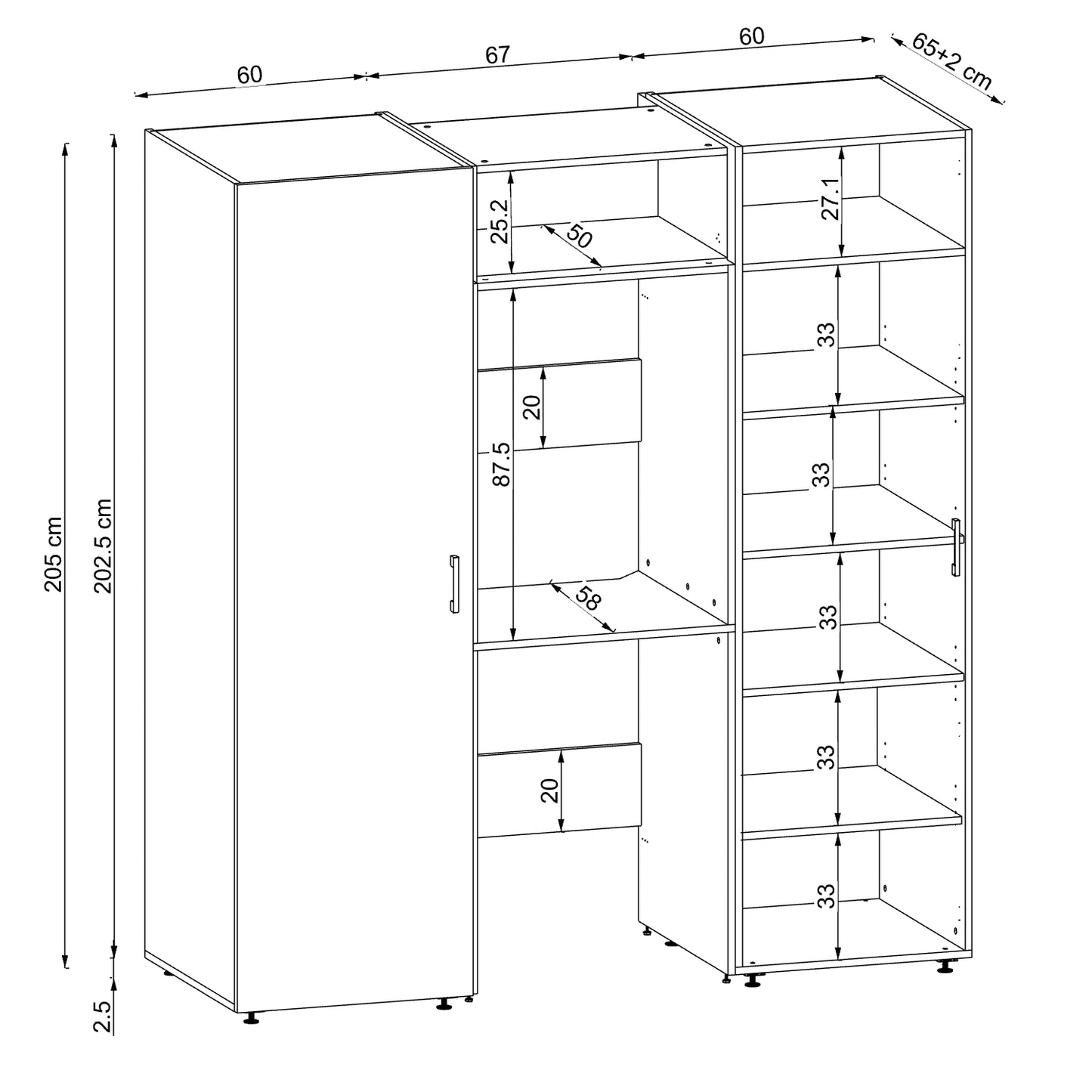 Roomart DUO-I Schrankwand 187 cm – Waschmaschine & Trockner übereinander & Hochschrank | in 3 Farben