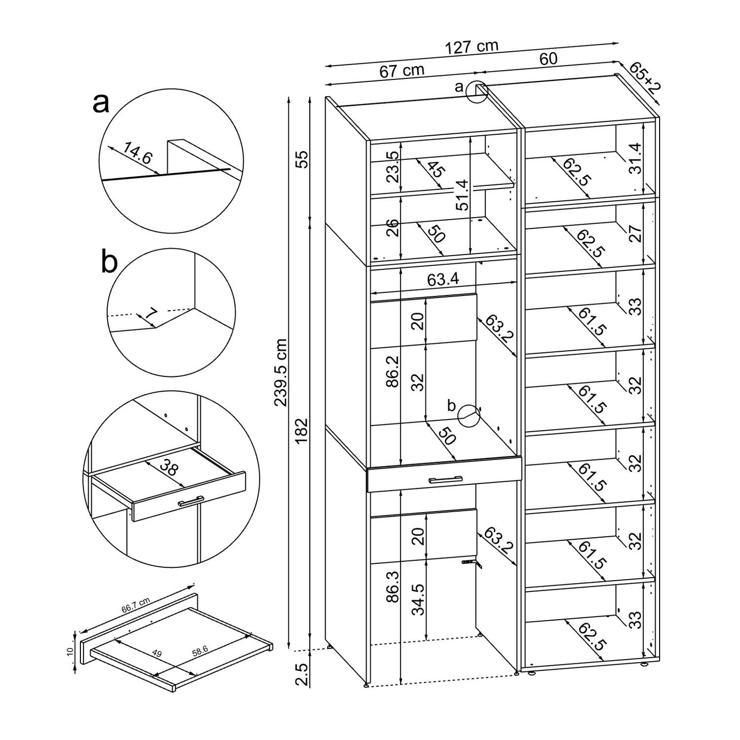 Roomart Waschmaschinenschrank & Trocknerschrank – SERIE DUO-I-  127 cm breit - Trockner auf Waschmaschine – Waschturm / Überbauschrank für Waschküche & Hauswirtschaftsraum – In 3 Farben