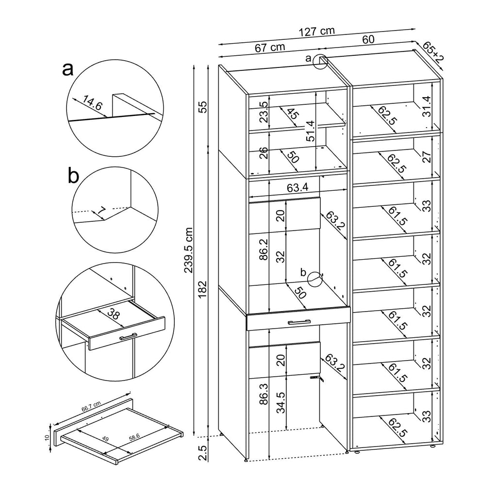 Roomart Waschmaschinenschrank & Trocknerschrank – SERIE DUO-I-  127 cm breit - Trockner auf Waschmaschine – Waschturm / Überbauschrank für Waschküche & Hauswirtschaftsraum – In 3 Farben