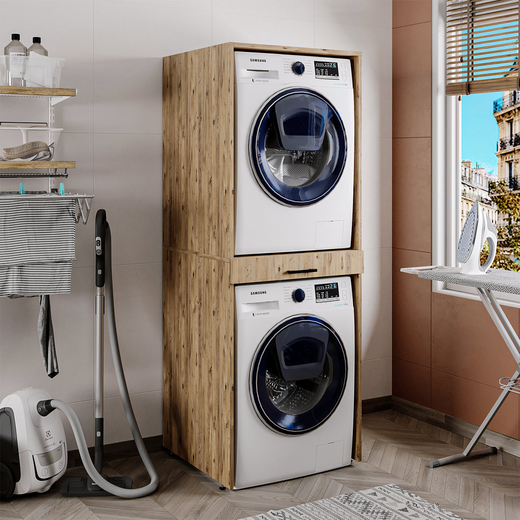 Roomart Waschmaschinenschrank für Trockner & Waschmaschine, in 3 Farben, mit Ausziehbrett  • Weiß • Eiche • Schwarz Eiche