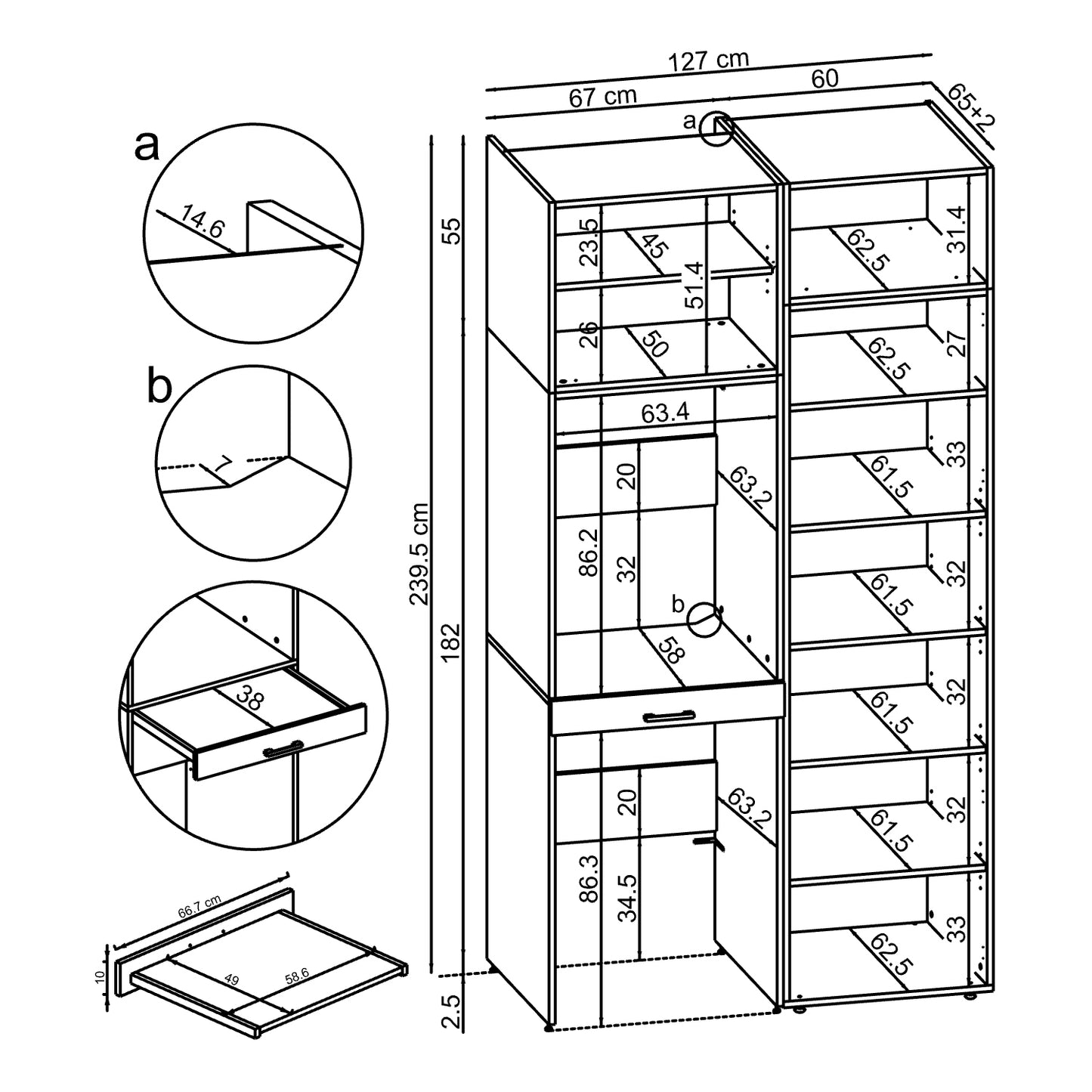 Roomart DUO-I Waschmaschinenschrank 127 cm – Waschmaschine & Trockner übereinander, Hochschrank