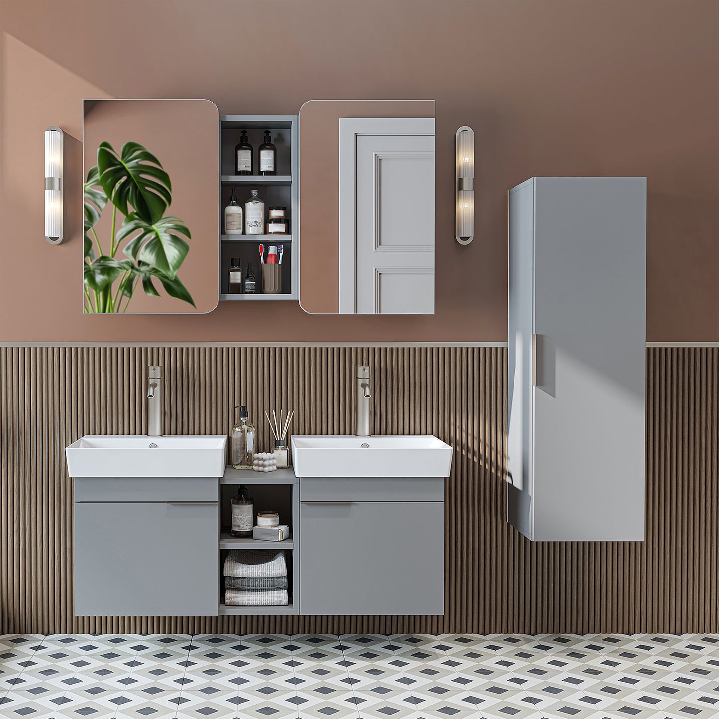 Roomart Badmöbel Set LYCIA 120 cm – 4-teiliges Badezimmermöbel-Set mit Keramik-Waschbecken, Spiegelschrank & Seitenschrank – Badmöbel in 4 Farben