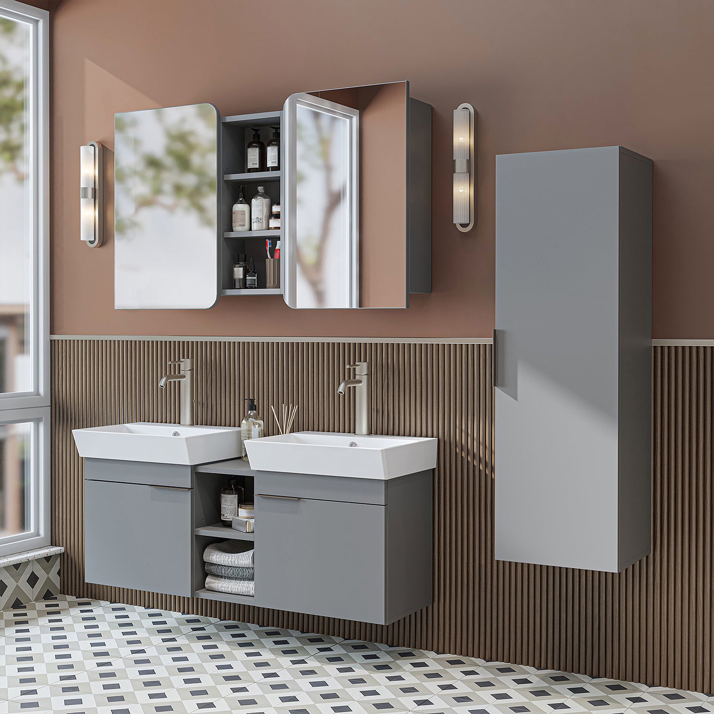 Roomart Badmöbel Set LYCIA 120 cm – 4-teiliges Badezimmermöbel-Set mit Keramik-Waschbecken, Spiegelschrank & Seitenschrank – Badmöbel in 4 Farben