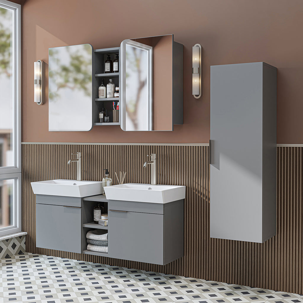 Roomart Badmöbel Set LYCIA 120 cm – 4-teiliges Badezimmermöbel-Set mit Keramik-Waschbecken, Spiegelschrank & Seitenschrank – Badmöbel in 4 Farben