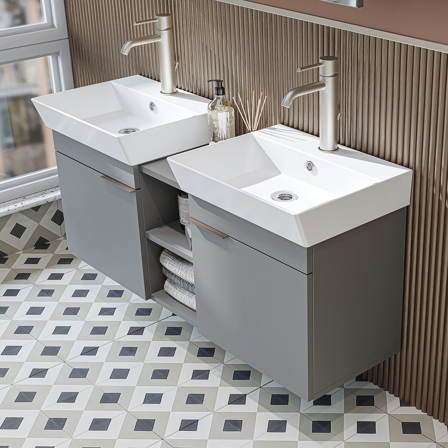 Roomart Badmöbel Set LYCIA 120 cm – 4-teiliges Badezimmermöbel-Set mit Keramik-Waschbecken, Spiegelschrank & Seitenschrank – Badmöbel in 4 Farben