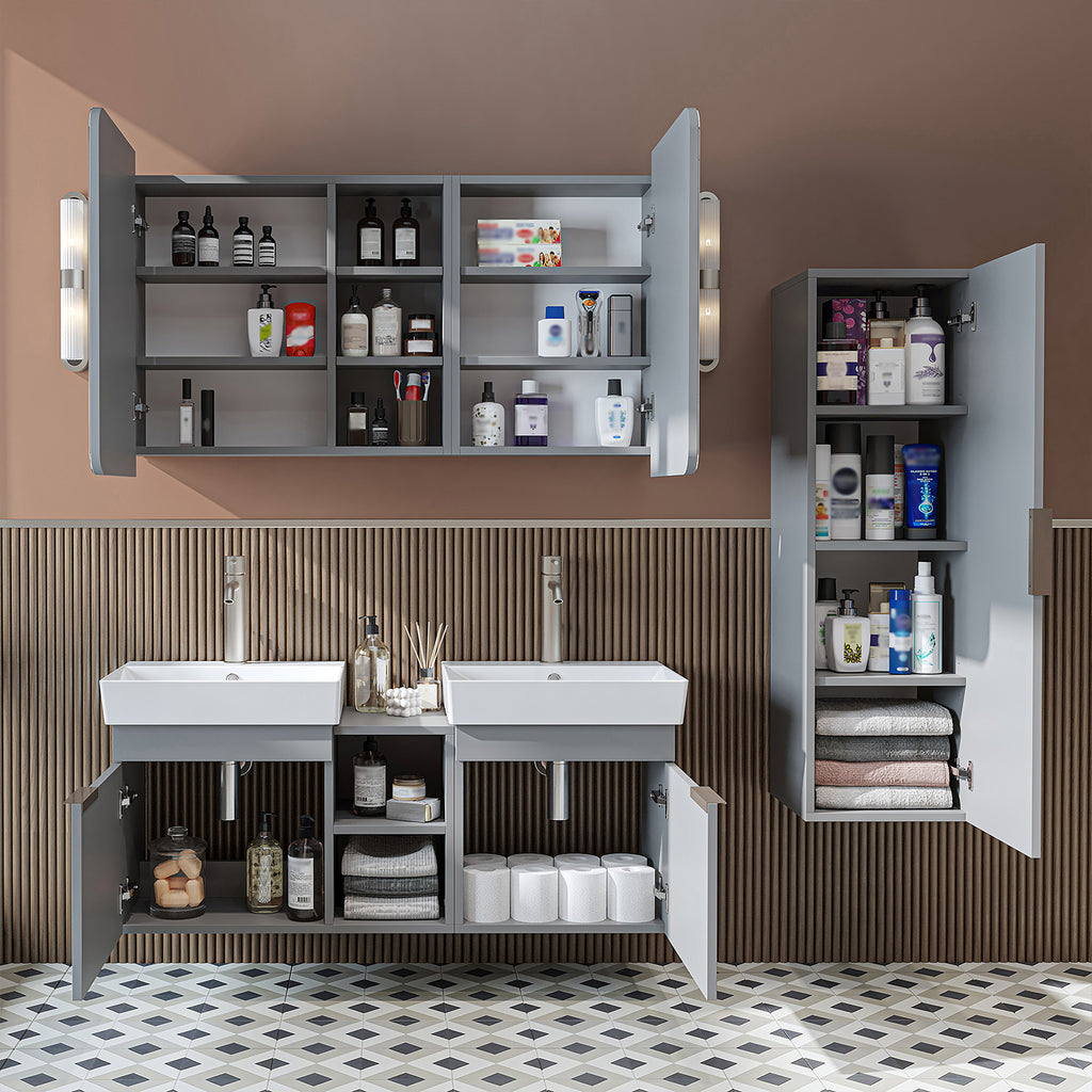 Roomart Badmöbel Set LYCIA 120 cm – 4-teiliges Badezimmermöbel-Set mit Keramik-Waschbecken, Spiegelschrank & Seitenschrank – Badmöbel in 4 Farben