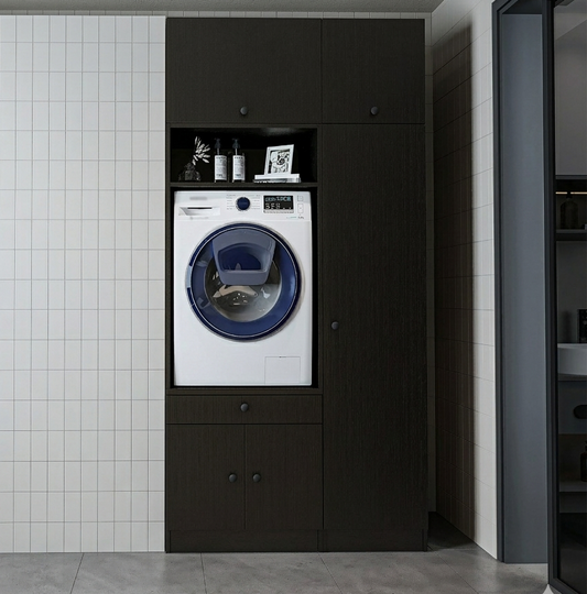 Roomart Schrankwand für Waschküche & Hauswirtschaftsraum - SERIE 1 - 114 cm breit, mit Ausziehbrett & Stauraum, Waschmaschinen-Schrankkombination, in 3 Farben (Weiß, Schwarz-Eiche)