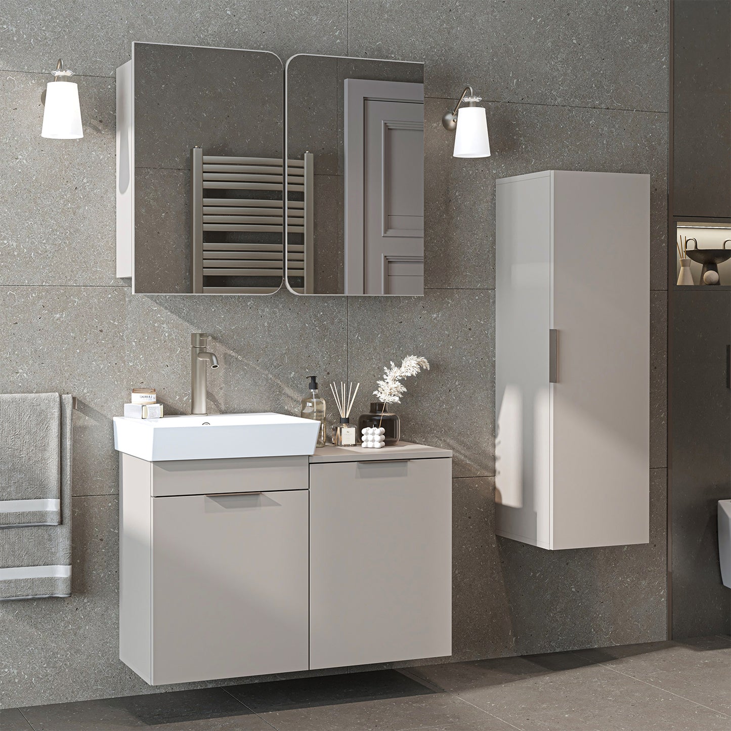 Roomart 3-teiliges Badmöbel-Set LYCIA, 49 cm, Waschtisch, Spiegelschrank und Hochschrank, in 4 Farben