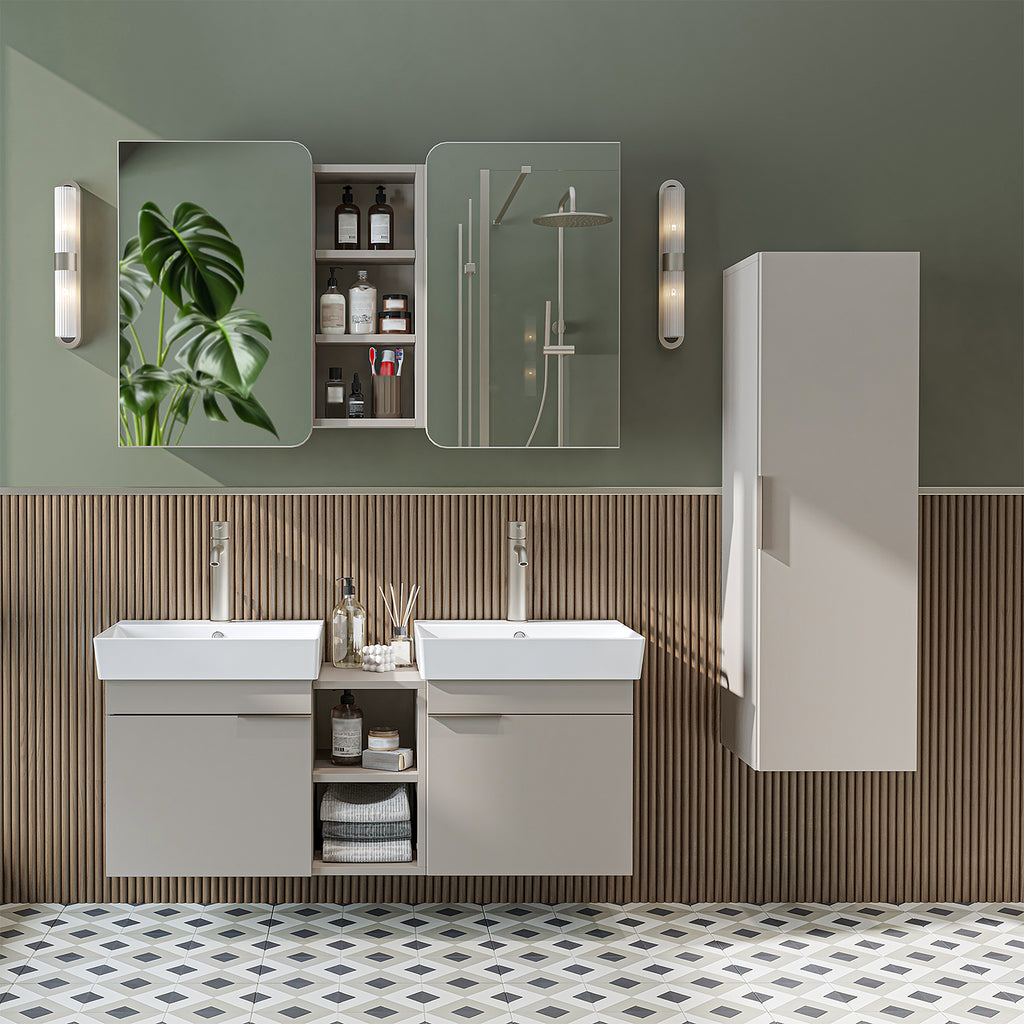 Roomart Badmöbel Set LYCIA 120 cm – 4-teiliges Badezimmermöbel-Set mit Keramik-Waschbecken, Spiegelschrank & Seitenschrank – Badmöbel in 4 Farben