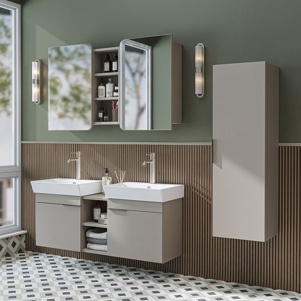 Roomart Badmöbel Set LYCIA 120 cm – 4-teiliges Badezimmermöbel-Set mit Keramik-Waschbecken, Spiegelschrank & Seitenschrank – Badmöbel in 4 Farben