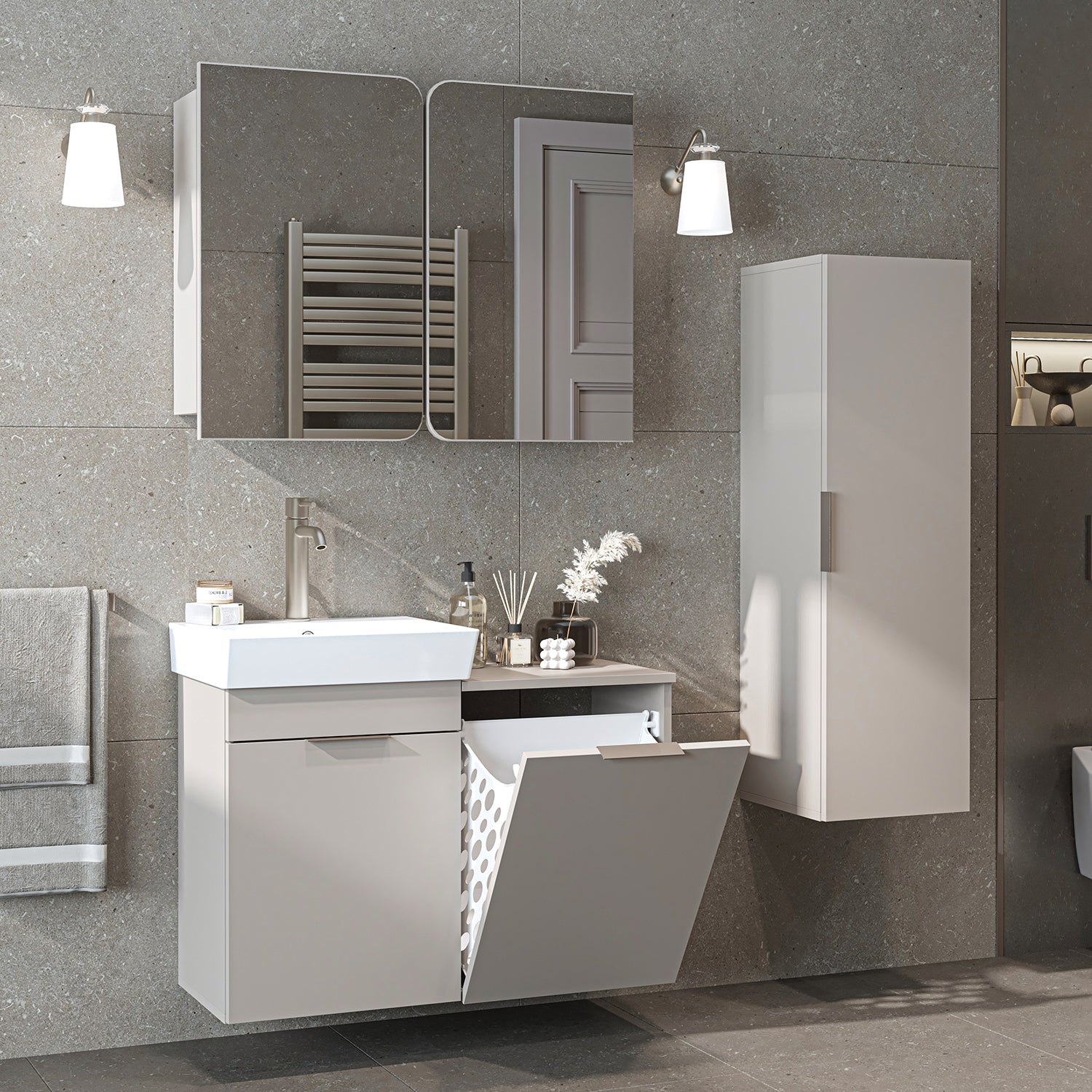 Badmöbel-Set LYCIA 49 cm in Beige mit Waschbecken und Wäschekorb